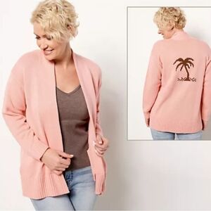 NEW Candace Cameron Bure Pink Open Front Cardigan Palm Tree Size Large Petite